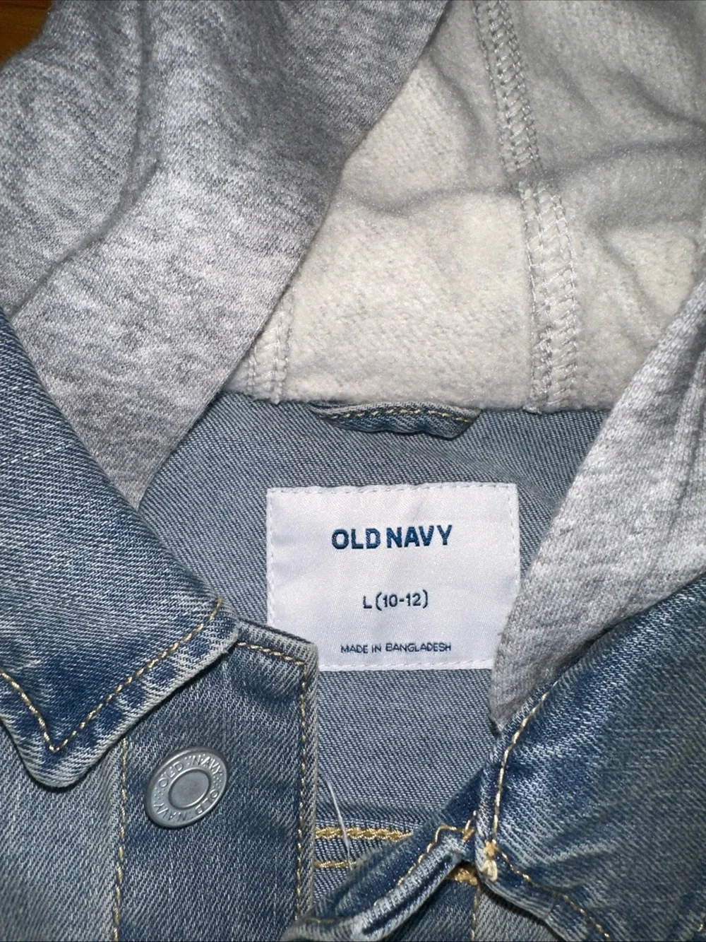 Old Navy Boys L 10-12 Denim Jean Jacket Blue Built In Hoodie Stretch Trucker